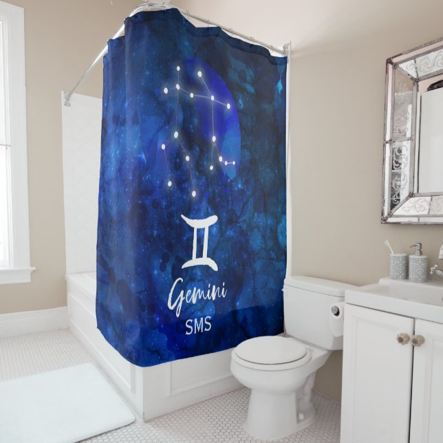 Gemini Zodiac Constellation Blue Galaxy Monogram Shower Curtain (In Situ)