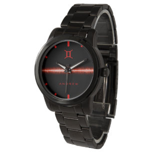 Gemini Zodiac Cool Red Fire Light Line Custom Name Watch