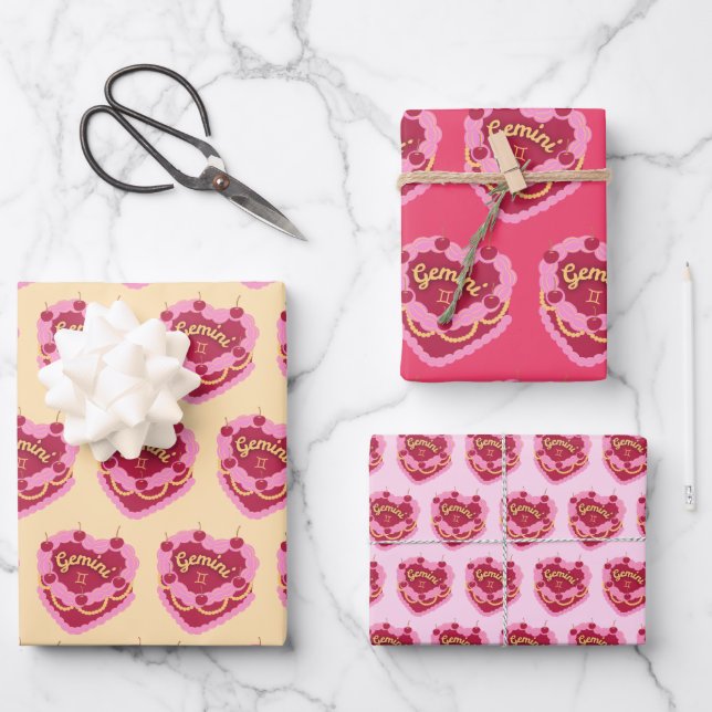 Gemini Zodiac Coquette Heart Birthday Cake Wrapping Paper Sheets (Front)