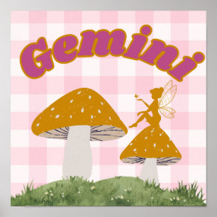 Gemini Zodiac Cottagecore Fairy Mushroom Poster