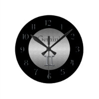 Gemini Zodiac-Faux Brushed Silver/Black Round Clock