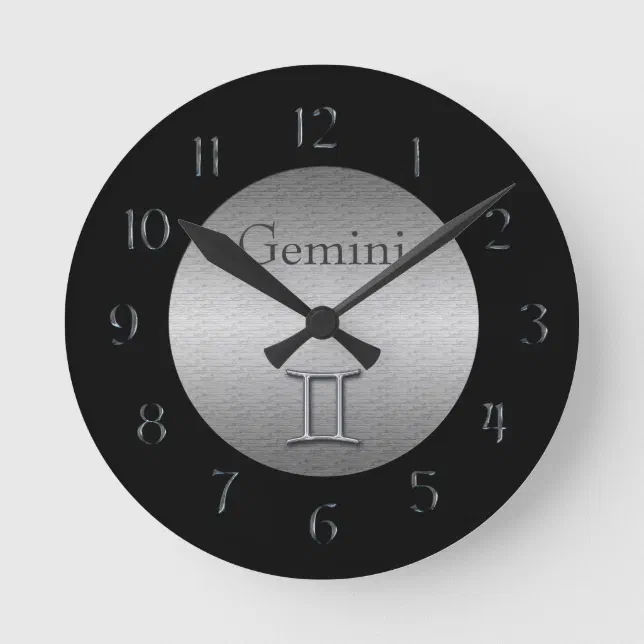 Gemini Zodiac-Faux Brushed Silver/Black Round Clock | Zazzle
