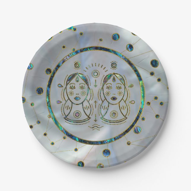 Gemini Zodiac Gold Abalone on Constellation Paper Plates (Front)