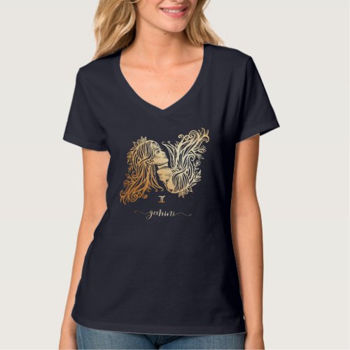 Gemini Zodiac Gold Monochrome Graphic T_Shirt