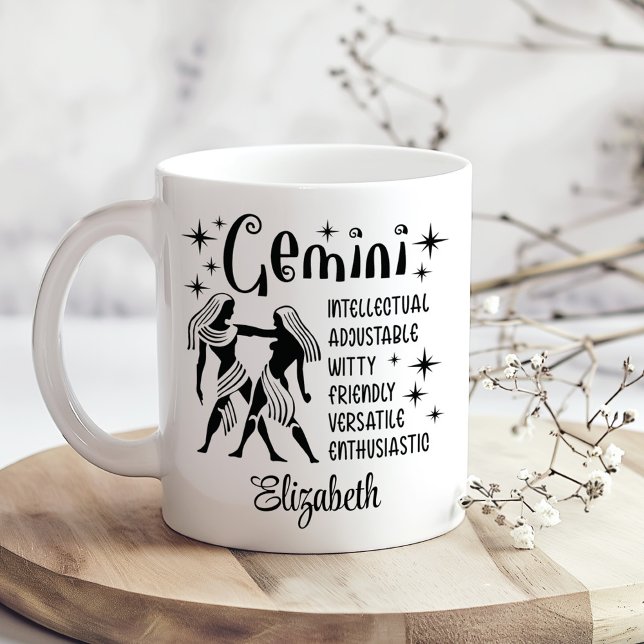 Gemini Zodiac Horoscope Custom Name  Coffee Mug (Gemini Zodiac Horoscope Custom Name Coffee Mug on a sunny boho wooden kitchen table with tiny flower)