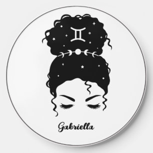 Gemini zodiac messy bun brows lashes personalized wireless charger