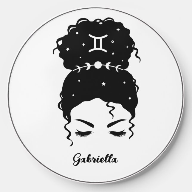 Gemini zodiac messy bun brows lashes personalized  wireless charger  (Front)