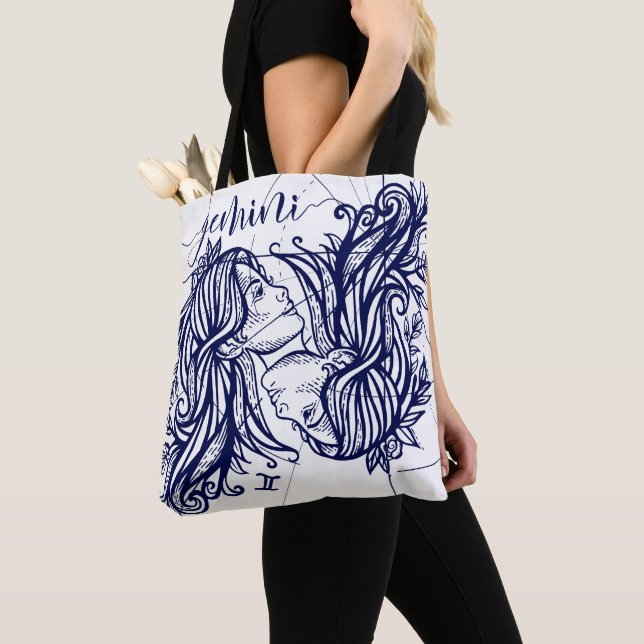 Gemini Zodiac Navy & Gold Monochrome Graphic Tote Bag (Close Up)