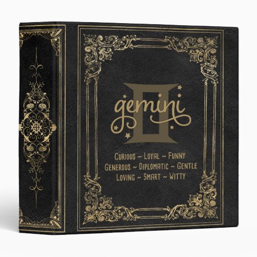 Gemini Zodiac  Ornamental Black and Gold Album 3 Ring Binder