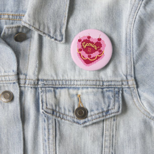 Gemini Zodiac Pastel Heart Birthday Cake Button