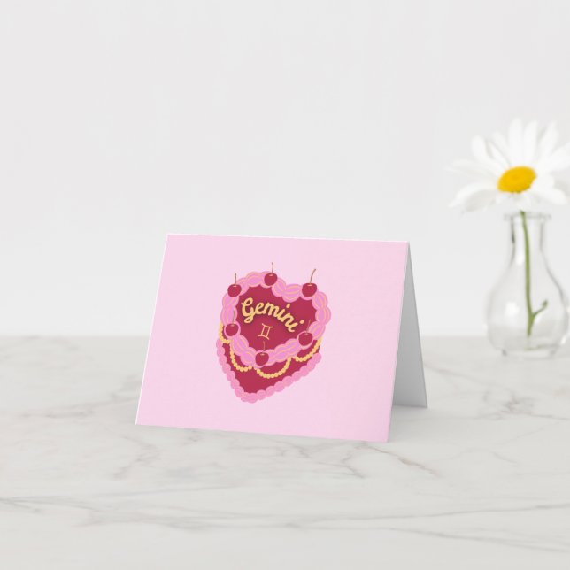 Gemini Zodiac Pastel Heart Birthday Cake Card (Small Plant)