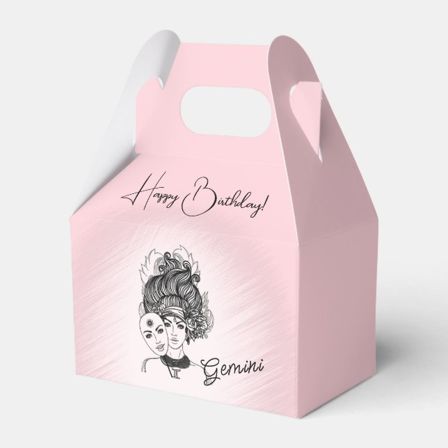 Gemini Zodiac Pink Happy Birthday Name Favor Boxes (Front Side)