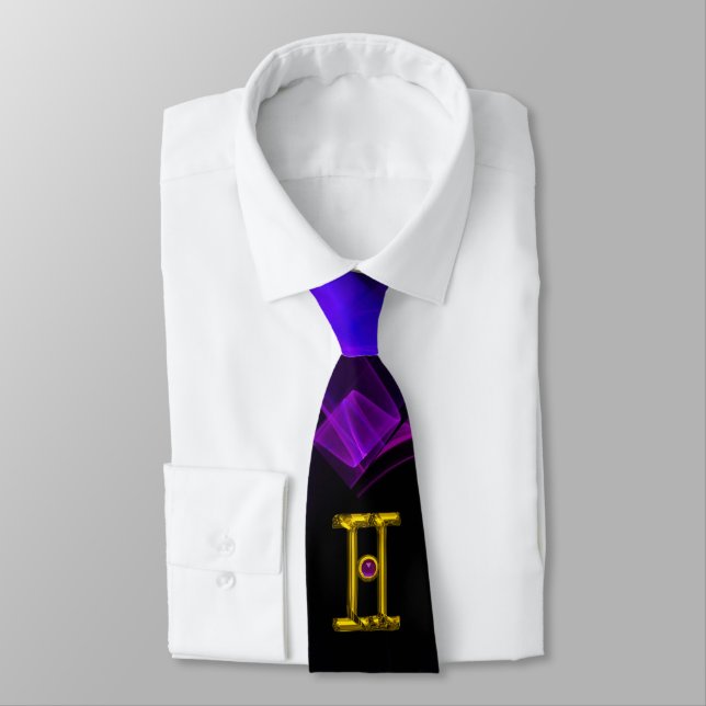 GEMINI ZODIAC SIGN ,BLUE GREEN FRACTAL SWIRLS TIE (Tied)