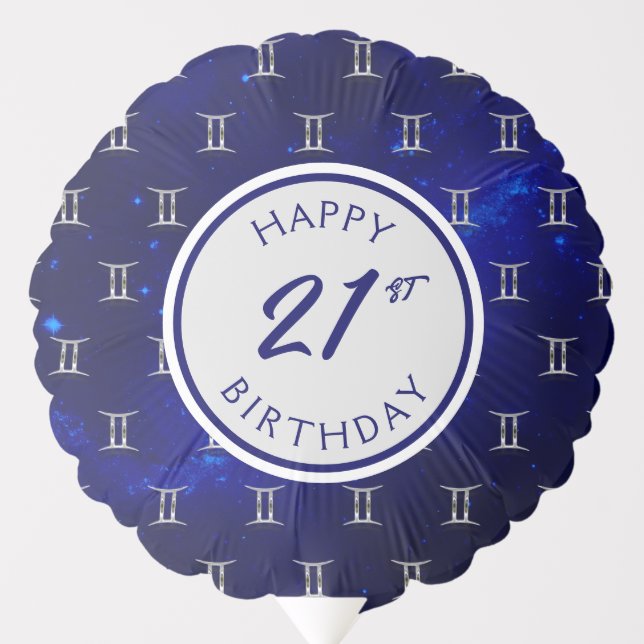 Gemini Zodiac Sign Blue & Silver Happy Birthday Balloon (Front)