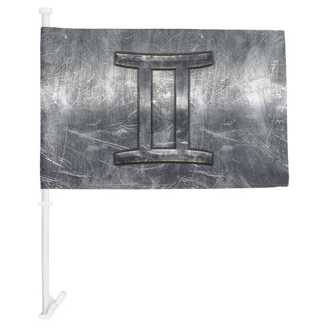 Gemini Zodiac Sign Grunge Distressed Silver Car Flag (Front)