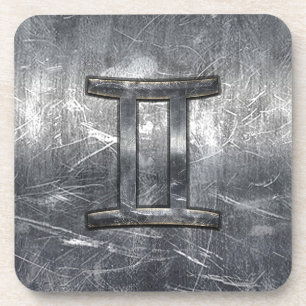 Gemini Zodiac Sign in Industrial Steel Style Beverage Coaster