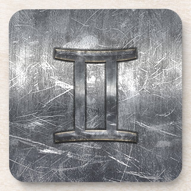Gemini Zodiac Sign in Industrial Steel Style Beverage Coaster (Front)