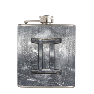 Gemini Zodiac Sign in Industrial Steel Style Hip Flask