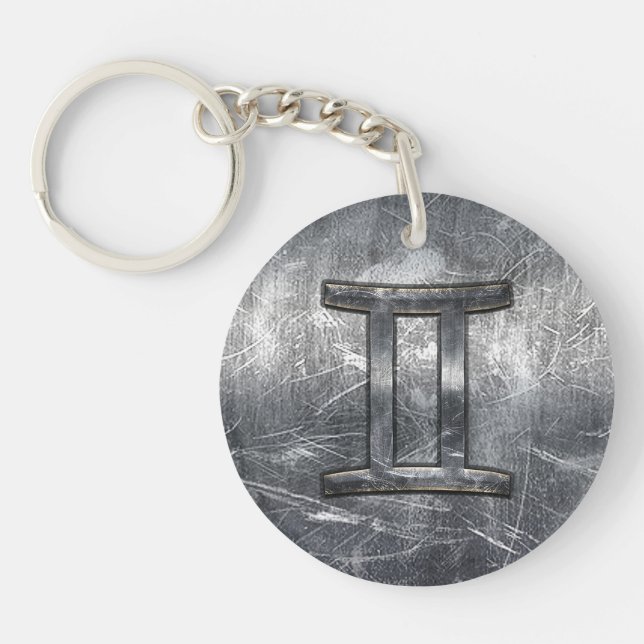 Gemini Zodiac Sign in Industrial Steel Style Keychain (Front)