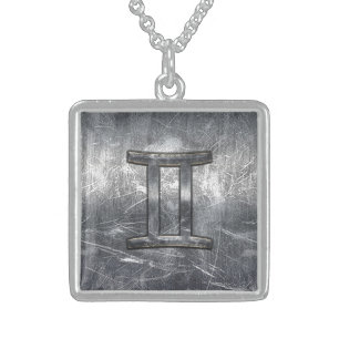 Gemini Zodiac Sign in Industrial Steel Style Sterling Silver Necklace