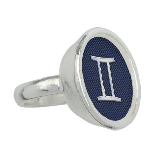 Gemini Zodiac Sign on Blue Carbon Fiber Style Ring