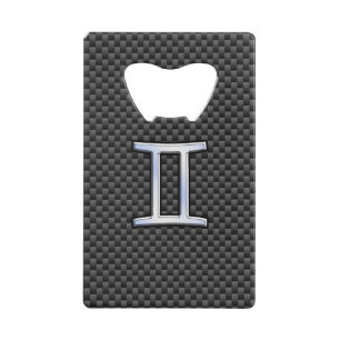 Gemini Zodiac Sign on Charcoal Carbon Fiber Print Credit Card Bottle Opener