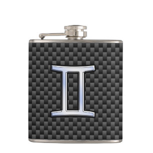 Gemini Zodiac Sign on Charcoal Carbon Fiber Print Flask