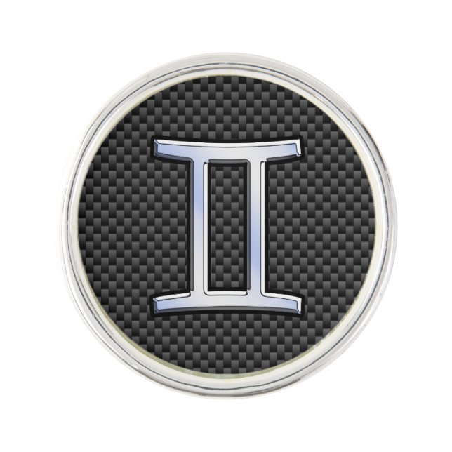 Gemini Zodiac Sign on Charcoal Carbon Fiber Print Lapel Pin (Front)