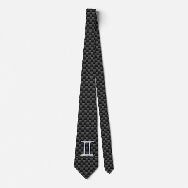 Gemini Zodiac Sign on Charcoal Carbon Fiber Print Neck Tie (Front)