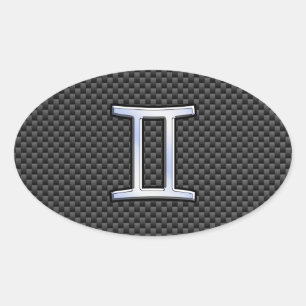 Gemini Zodiac Sign on Charcoal Carbon Fiber Print Oval Sticker