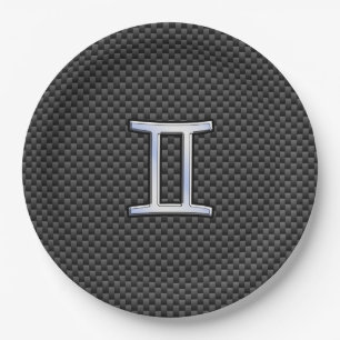 Gemini Zodiac Sign on Charcoal Carbon Fiber Print Paper Plates