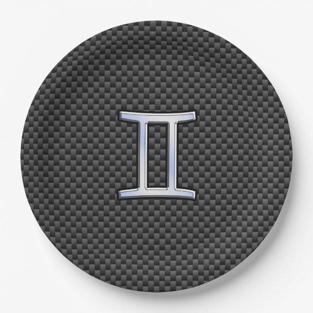 Gemini Zodiac Sign on Charcoal Carbon Fiber Print Paper Plates (Front)