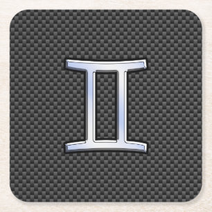 Gemini Zodiac Sign on Charcoal Carbon Fiber Print Square Paper Coaster