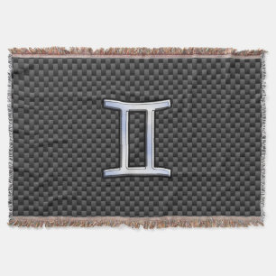 Gemini Zodiac Sign on Charcoal Carbon Fiber Print Throw Blanket