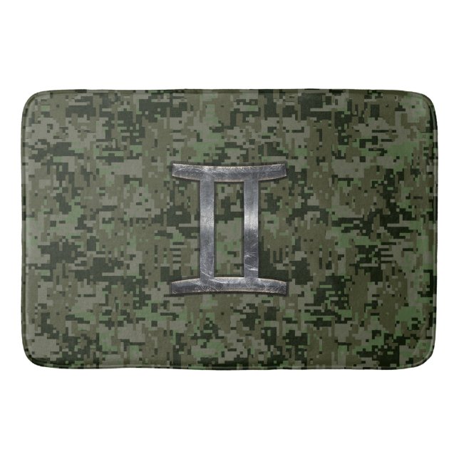 Gemini Zodiac Sign on Green Digital Camo Bath Mat (Front)