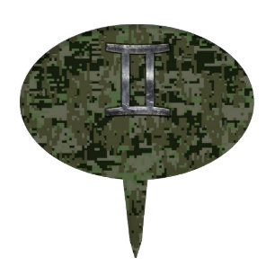 Gemini Zodiac Sign on Green Digital Camo Cake Topper