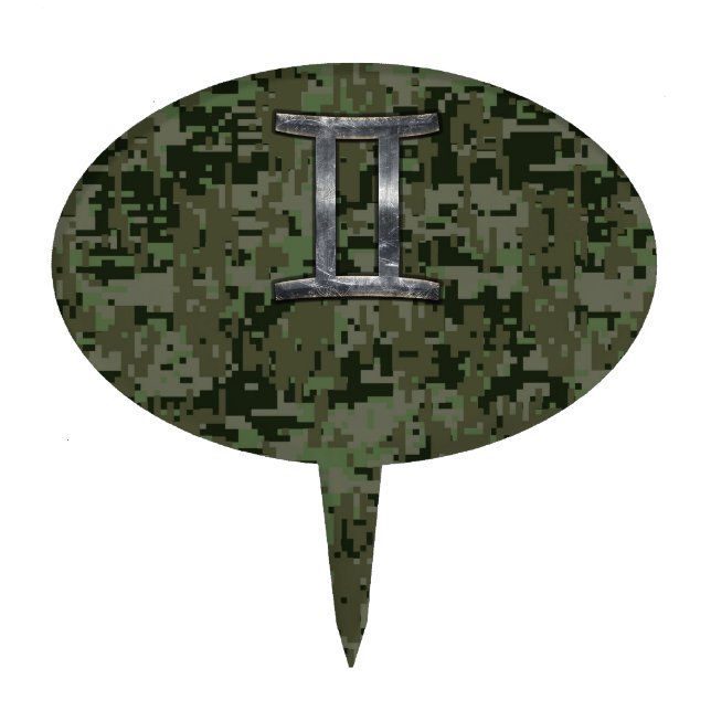 Gemini Zodiac Sign on Green Digital Camo Cake Topper (Front)