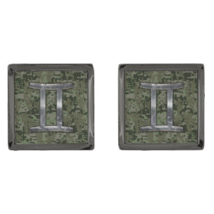 Gemini Zodiac Sign on Green Digital Camo Gunmetal Finish Cufflinks