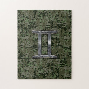 Gemini Zodiac Sign on Green Digital Camo Jigsaw Puzzle