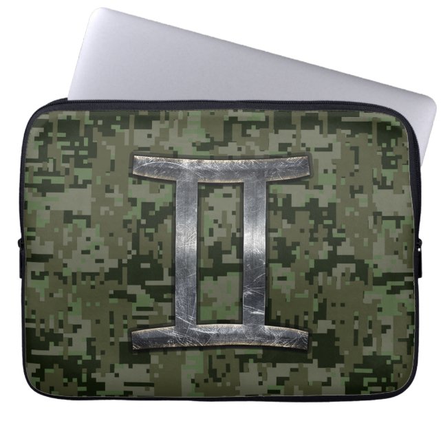 Gemini Zodiac Sign on Green Digital Camo Laptop Sleeve (Front)