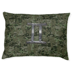 Gemini Zodiac Sign on Green Digital Camo Pet Bed