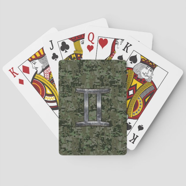 Gemini Zodiac Sign on Green Digital Camo Poker Cards (Back)