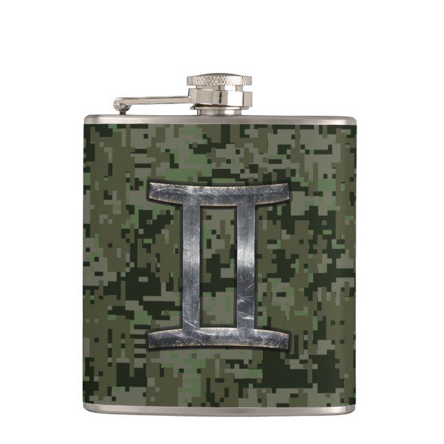 Gemini Zodiac Sign on Green Digital Camouflage Flask (Front)