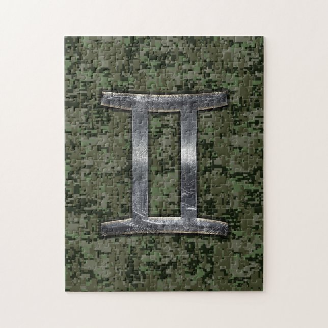 Gemini Zodiac Sign on Green Digital Camouflage Jigsaw Puzzle (Vertical)