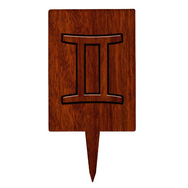 Gemini Zodiac Sign on Mahogany Wood Style Cake Topper (Front)