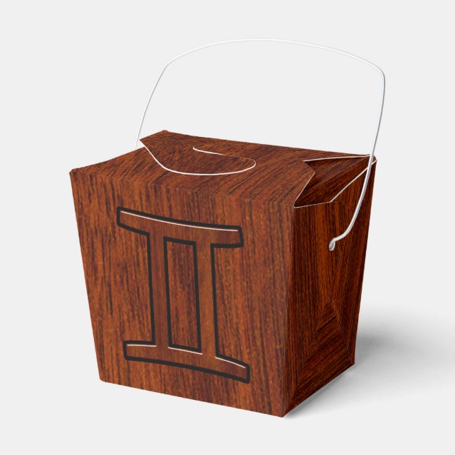 Gemini Zodiac Sign on Mahogany Wood Style Favor Boxes (Front Side)