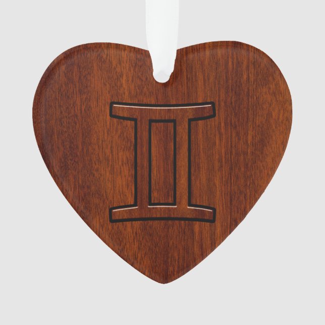 Gemini Zodiac Sign on Mahogany Wood Style Ornament (Front)