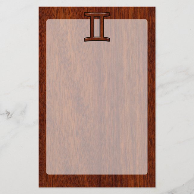 Gemini Zodiac Sign on Mahogany Wood Style Stationery (Front)