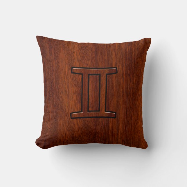 Gemini Zodiac Sign on Mahogany Wood Style Throw Pillow (Front)