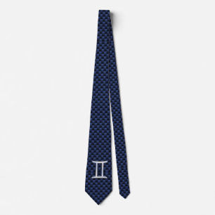 Gemini Zodiac Sign on Navy Blue Carbon Fiber Print Neck Tie